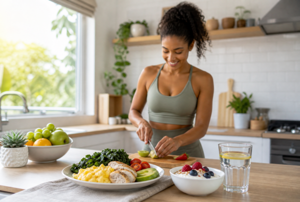 Balanced protein-rich breakfast for a 30-30-30 meal plan with fresh vegetables in a bright kitchen