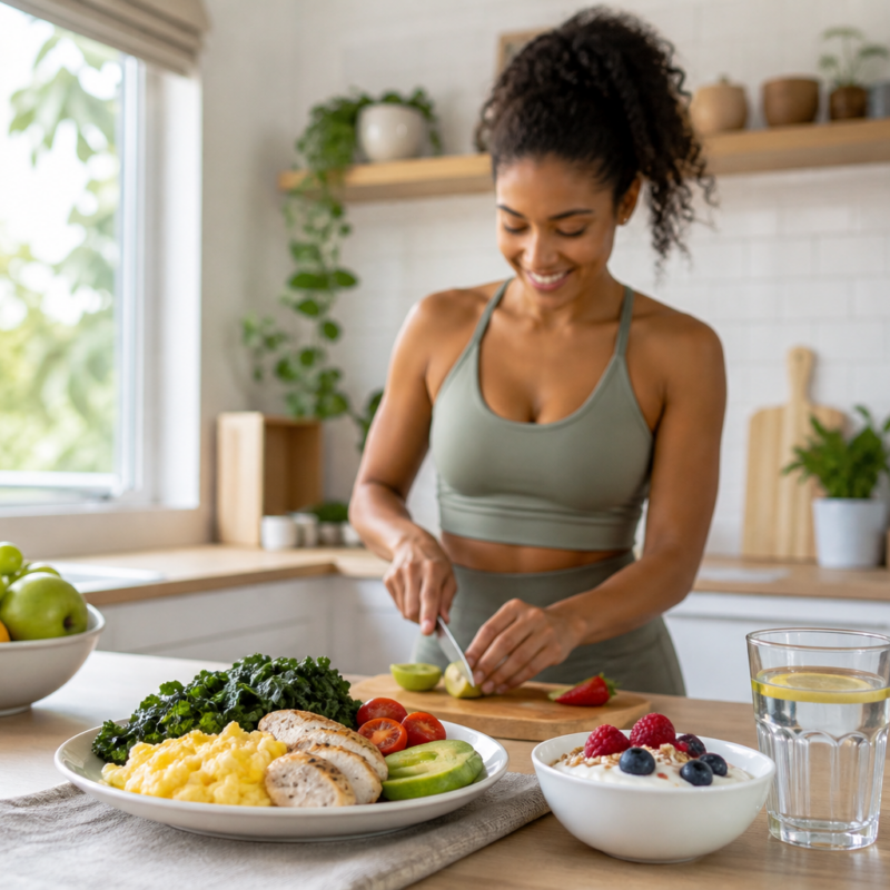 Balanced protein-rich breakfast for a 30-30-30 meal plan with fresh vegetables in a bright kitchen