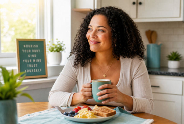 Balanced breakfast at a kitchen table representing steady eating to break the binge-restrict cycle