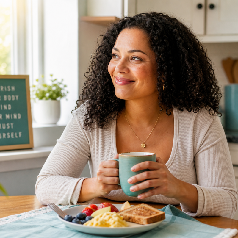 Balanced breakfast at a kitchen table representing steady eating to break the binge-restrict cycle