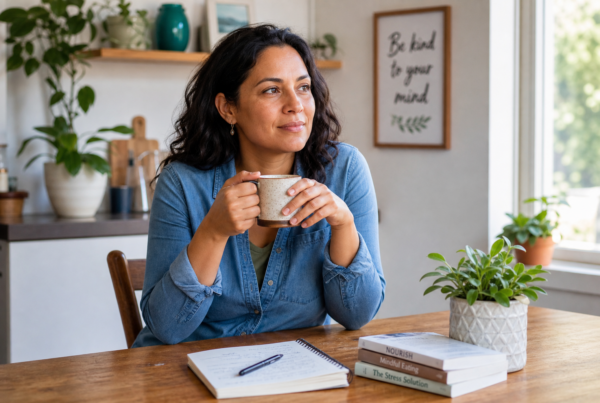 Woman sitting calmly at a kitchen table with herbal tea, representing mindful alternatives to stress eating