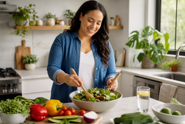 Woman preparing a healthy meal with fresh vegetables in a bright kitchen