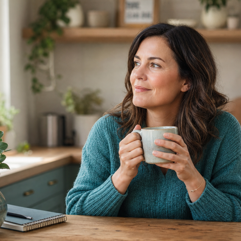 Person in soft evening light at a kitchen table reflecting on night eating habits