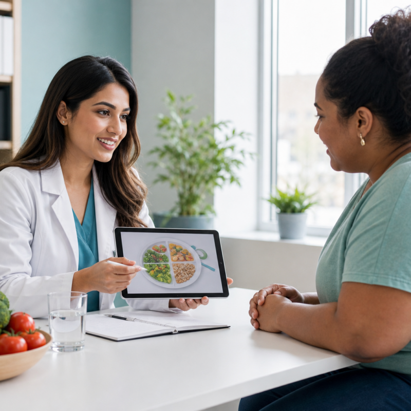 Registered dietitian reviewing a meal plan with a patient in a bright medical clinic