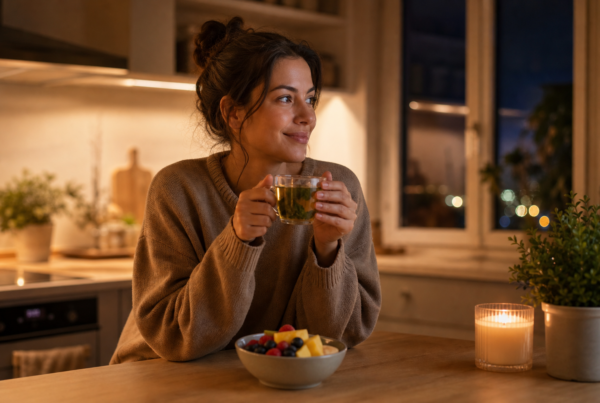 Person enjoying herbal tea in a warm evening kitchen as a healthy alternative to late-night sugar cravings