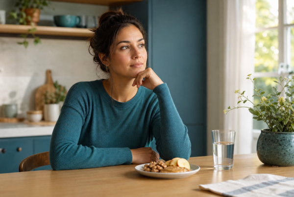 Person pausing thoughtfully before eating, representing stress eating awareness