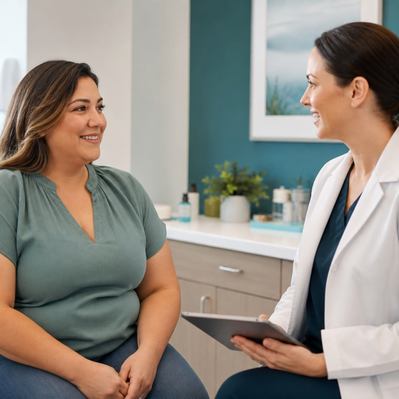 Patient consulting with a clinician about medically supervised weight loss injections in a bright medical office