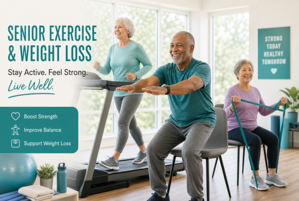 Diverse older adults doing gentle low-impact exercises including walking, chair squats, and resistance bands in a bright community fitness room