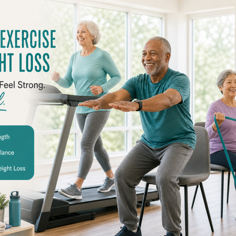 Diverse older adults doing gentle low-impact exercises including walking, chair squats, and resistance bands in a bright community fitness room