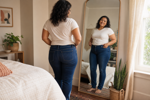 Woman looking in a full-length mirror smiling as she notices her jeans fitting better after a 10 pound weight loss