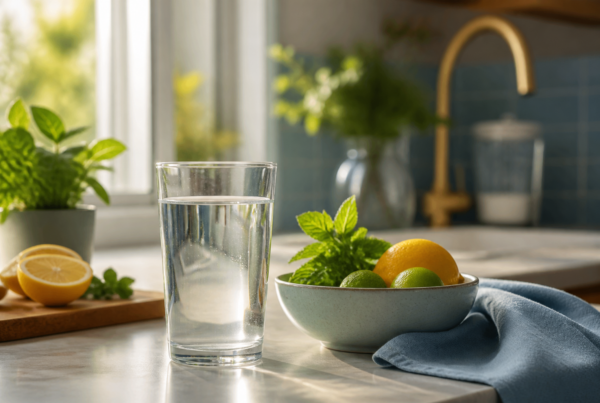 Glass of water on a sunlit kitchen counter with citrus and mint