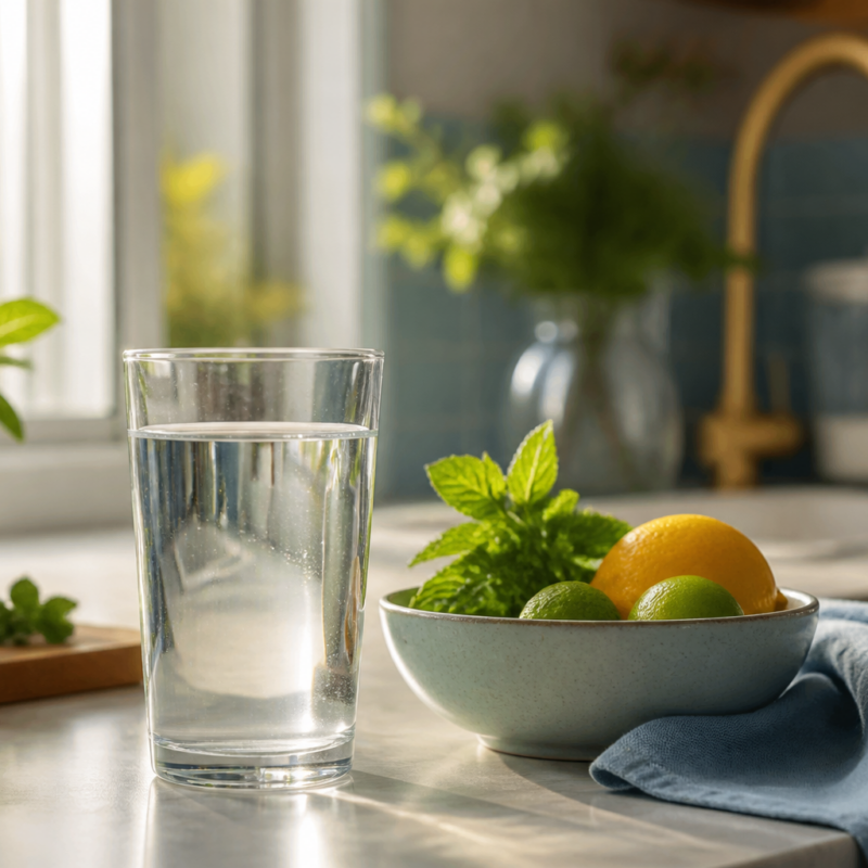 Glass of water on a sunlit kitchen counter with citrus and mint