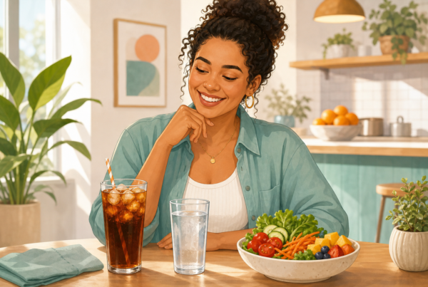 Smiling woman at a kitchen table comparing a glass of sweet iced tea with a glass of water and a fresh salad bowl