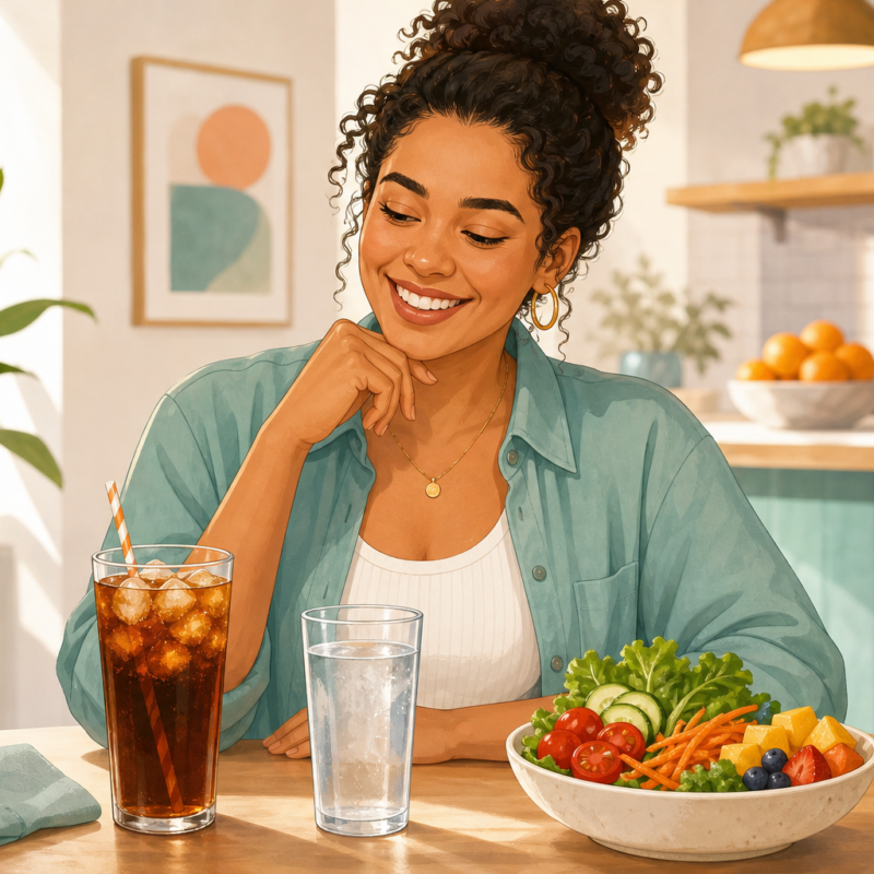 Smiling woman at a kitchen table comparing a glass of sweet iced tea with a glass of water and a fresh salad bowl