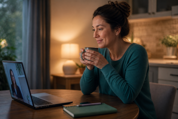 Woman having a warm video call with a counselor from her kitchen table while holding a mug of tea