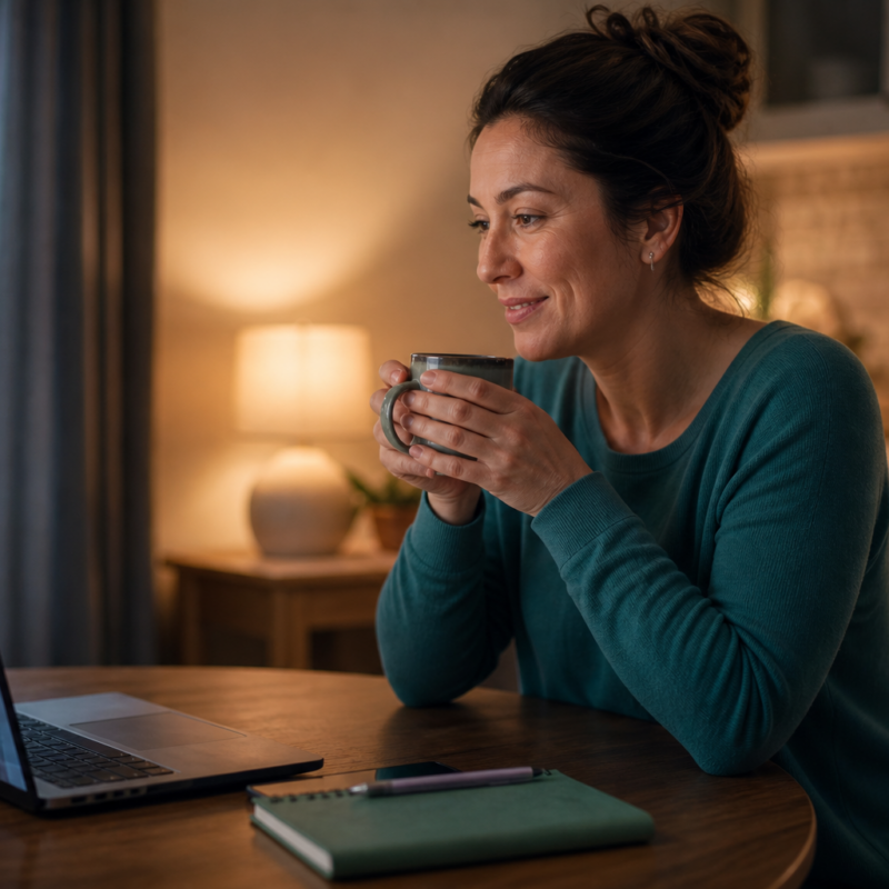 Woman having a warm video call with a counselor from her kitchen table while holding a mug of tea