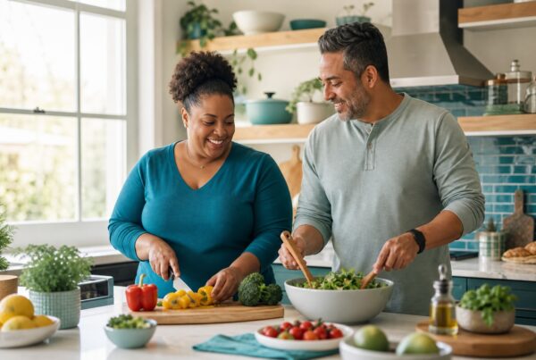 Supportive couple preparing a healthy meal together in a bright kitchen
