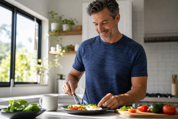 Man preparing a healthy protein-rich breakfast in a bright kitchen for intermittent fasting