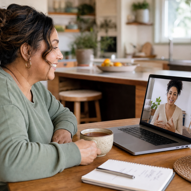 Woman having a friendly video call with an online weight loss coach at her kitchen table