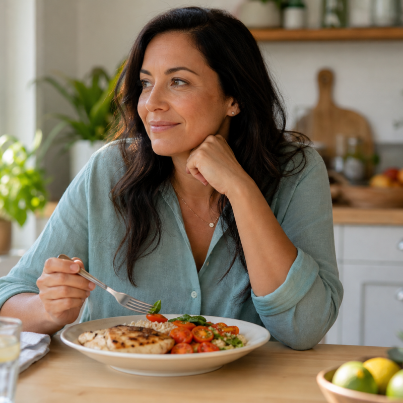 Woman enjoying a balanced meal while reverse dieting after a weight loss plateau
