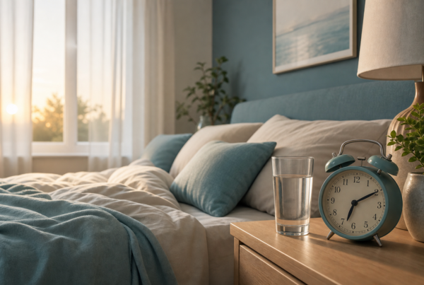 Peaceful bedroom at dawn with soft morning light, alarm clock and glass of water on nightstand, representing restful sleep for weight loss
