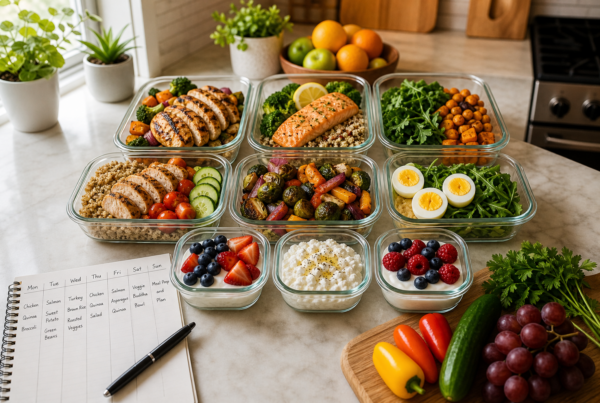 A week of balanced, portioned weight loss meals in glass meal-prep containers beside a weekly meal planner notepad on a bright kitchen counter