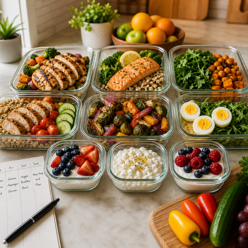 A week of balanced, portioned weight loss meals in glass meal-prep containers beside a weekly meal planner notepad on a bright kitchen counter