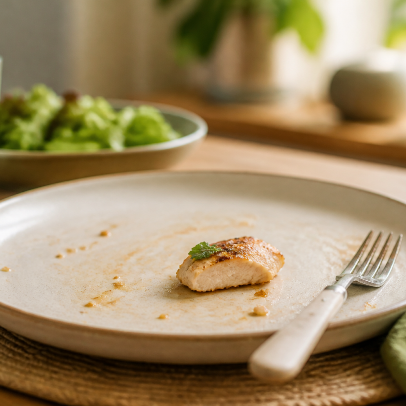 Nearly finished dinner plate with one bite of food left