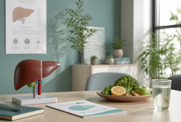 Calm clinical wellness consultation setting suggesting liver health and medical weight care