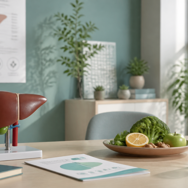 Calm clinical wellness consultation setting suggesting liver health and medical weight care