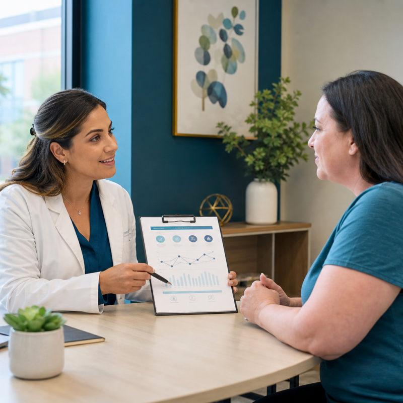 Clinician and patient discussing a medical weight loss plan in Frisco