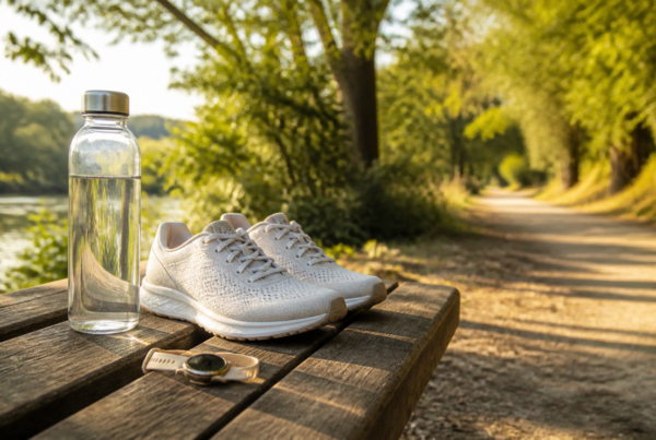 Water bottle and sneakers ready for a timed workout during intermittent fasting
