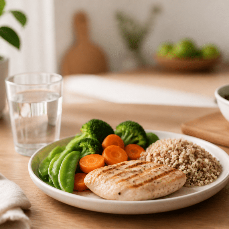 Balanced meal on a kitchen table representing sustainable calorie deficit nutrition