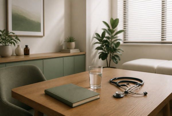 Quiet consultation table with notebook and stethoscope in a calm wellness clinic