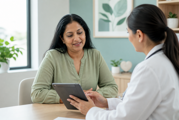 Clinician and patient reviewing a medical weight-loss plan together in a bright Texas clinic consult room