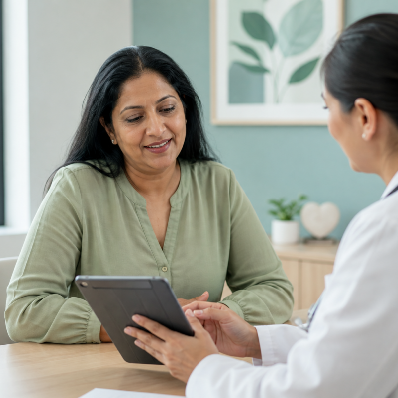 Clinician and patient reviewing a medical weight-loss plan together in a bright Texas clinic consult room