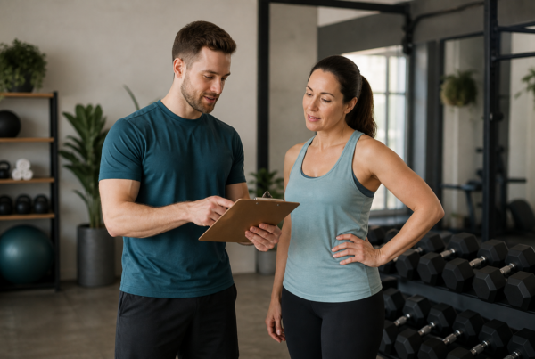 Personal trainer reviewing a workout plan with a client in a calm fitness studio