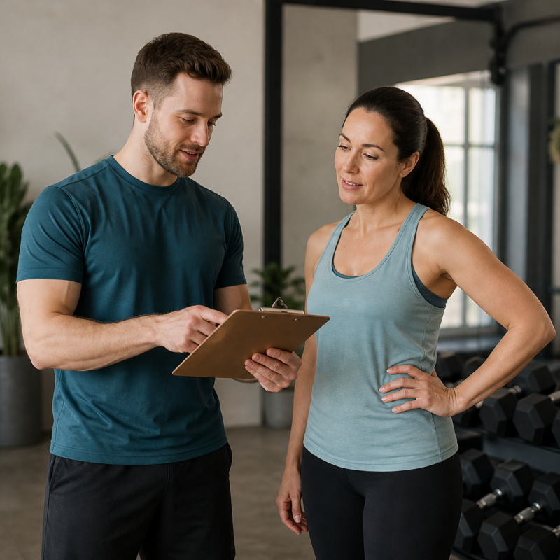 Personal trainer reviewing a workout plan with a client in a calm fitness studio