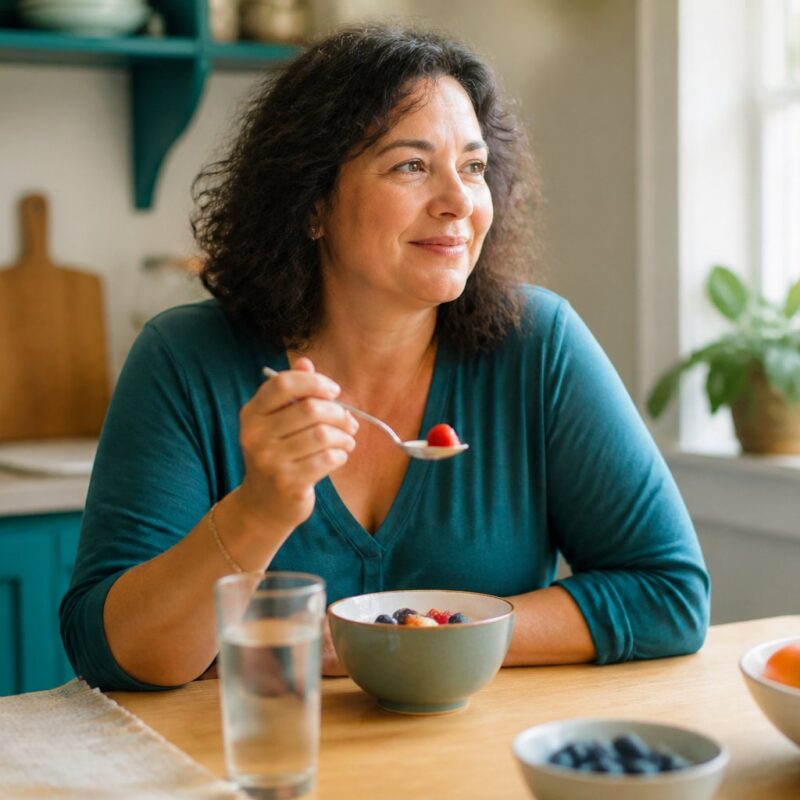Person calmly starting a normal healthy breakfast after a week of inconsistent eating