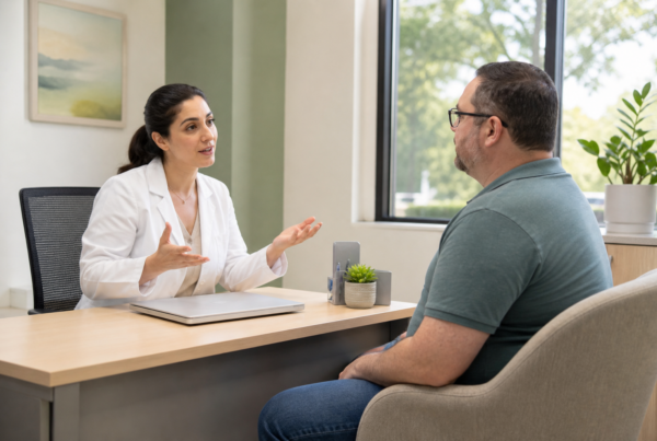 Clinician in a white coat talking with a patient across a desk in a bright clinic office
