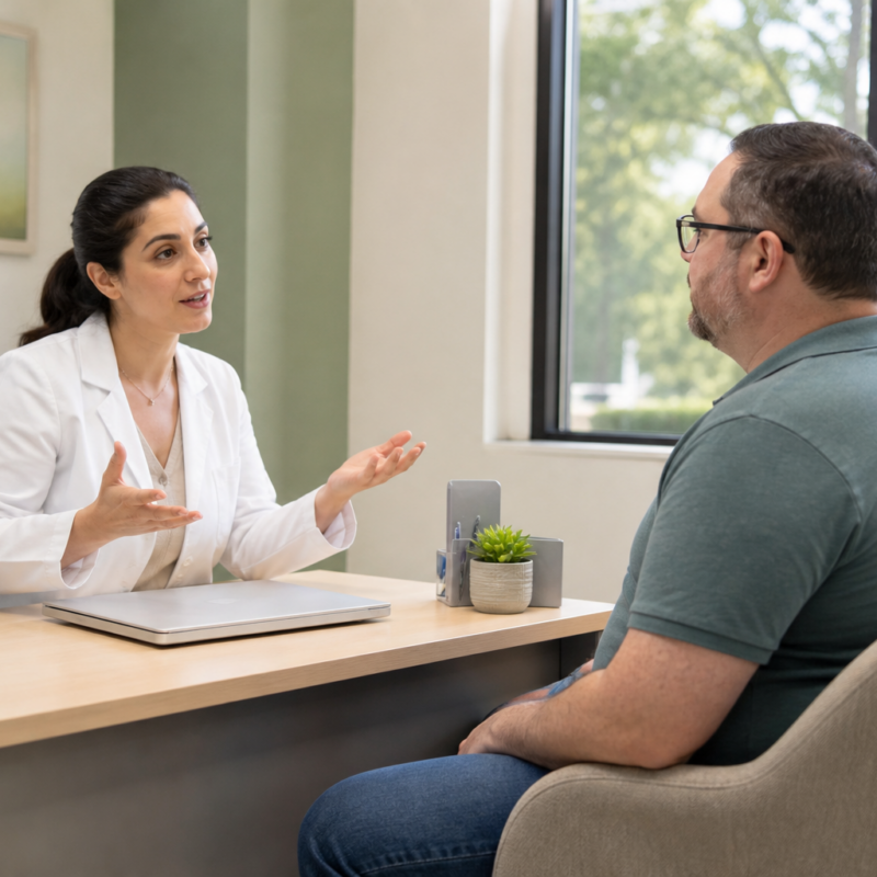 Clinician in a white coat talking with a patient across a desk in a bright clinic office