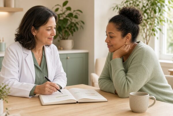 Clinician and adult patient reviewing a meal plan notebook in a wellness clinic