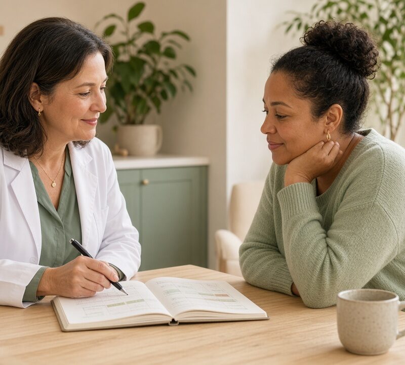 Clinician and adult patient reviewing a meal plan notebook in a wellness clinic