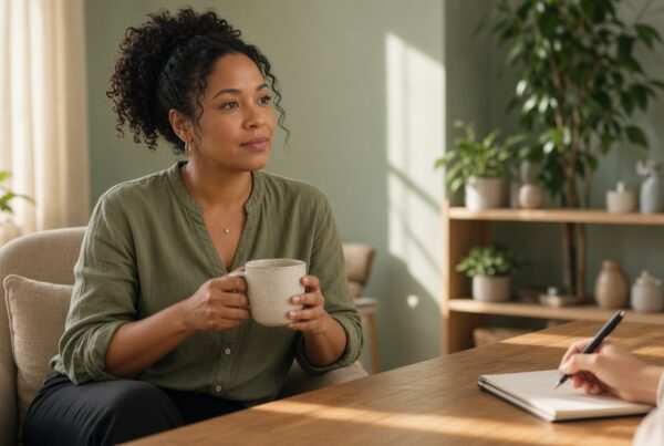 Adult in a sunlit Texas counseling room talking with a clinician about emotional eating support