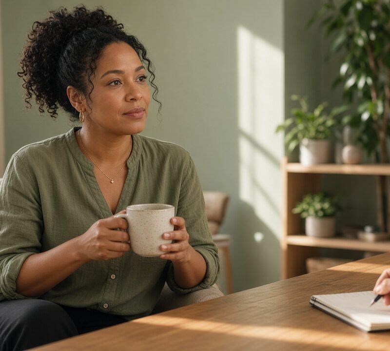 Adult in a sunlit Texas counseling room talking with a clinician about emotional eating support