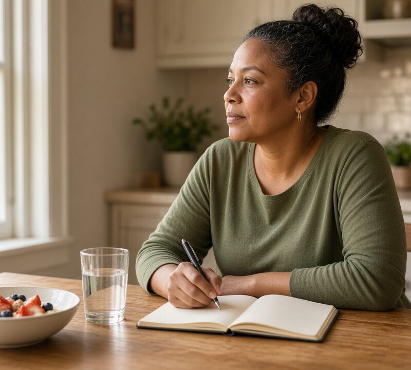 Adult at a kitchen table in morning light preparing for a supervised weight loss consultation