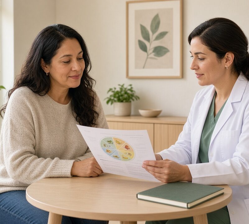 Clinician and patient reviewing a nutrition plan during a medical weight loss consultation for Irving-area adults