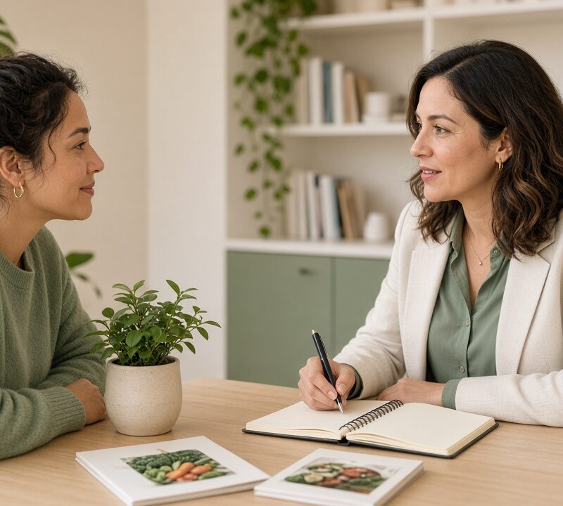Dietitian talking with an adult client during a nutrition counseling session