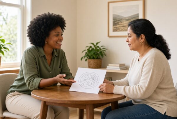 Registered dietitian and patient reviewing a meal sketch during a nutrition counseling visit