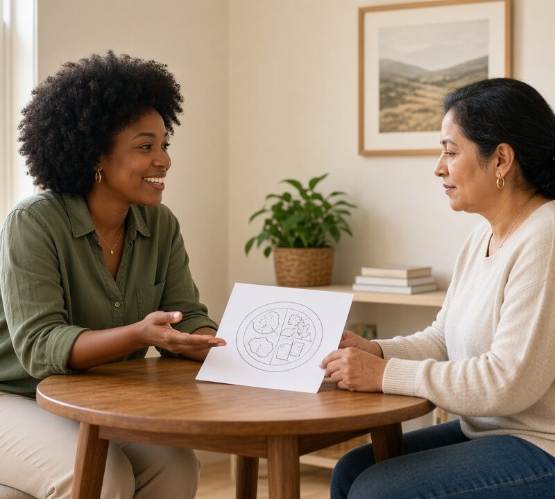 Registered dietitian and patient reviewing a meal sketch during a nutrition counseling visit